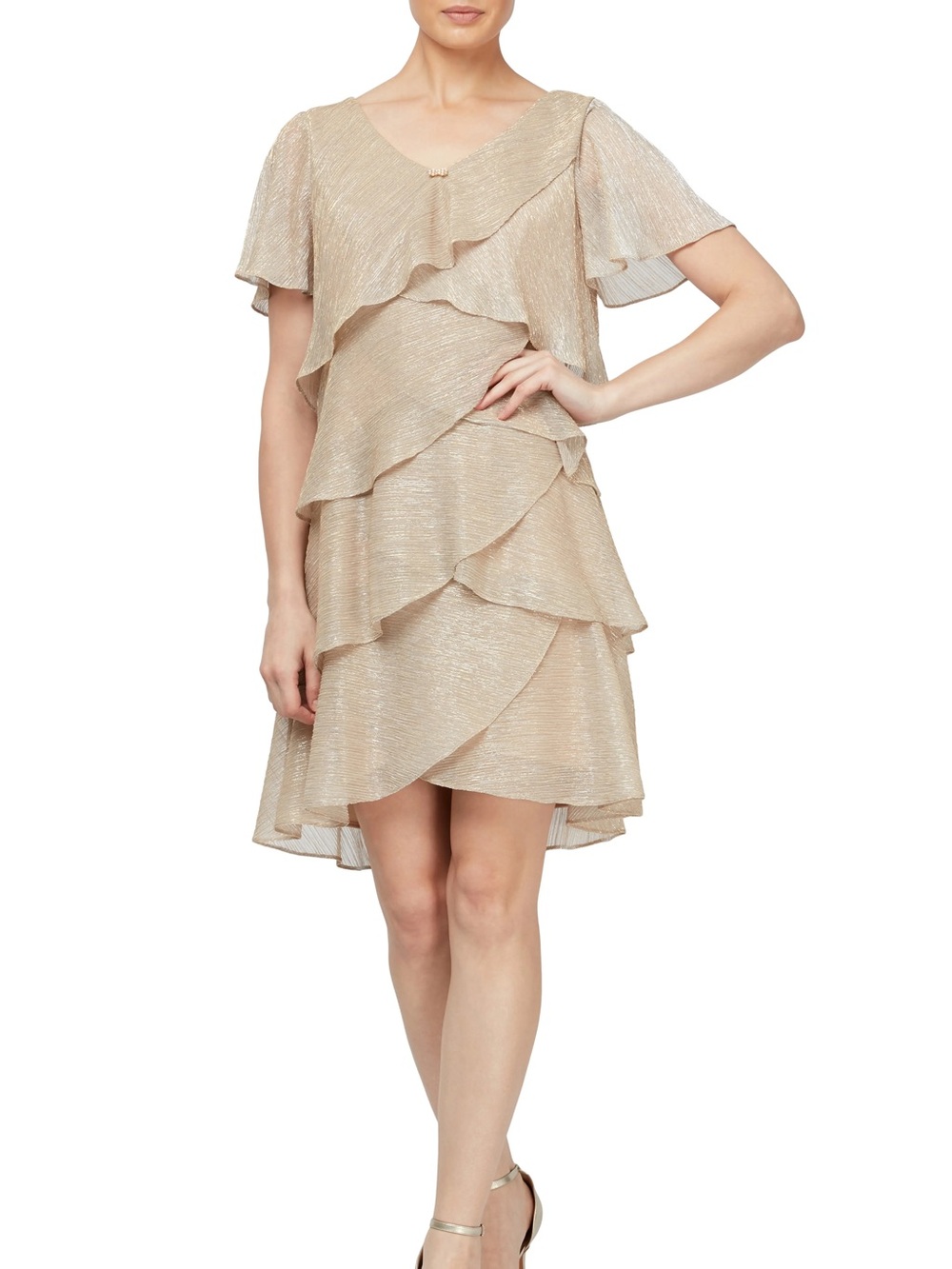 SL Fashion Tiered Shimmer Metallic Flutter Sleeve Dress